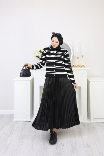 VN ÇİZGİLİ HIRKA ETEK KOMBİN -SİYAH