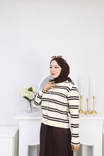 VN ÇİZGİLİ KISA HIRKA -KAHVERENGİ