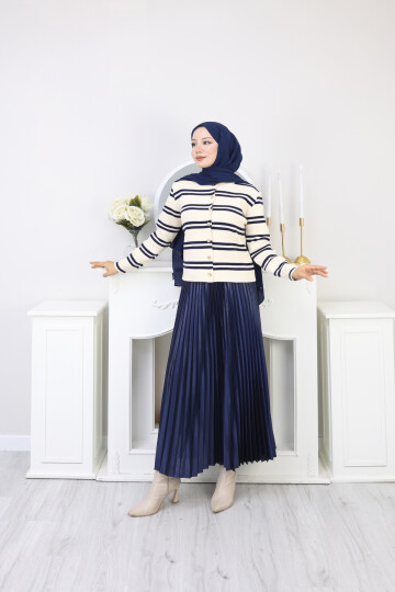 VN ÇİZGİLİ KISA HIRKA -KREM