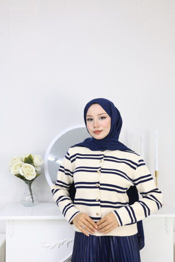 VN ÇİZGİLİ KISA HIRKA -KREM