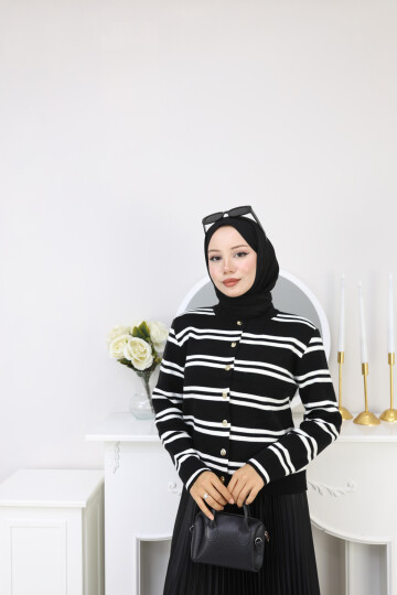 VN ÇİZGİLİ KISA HIRKA -SİYAH