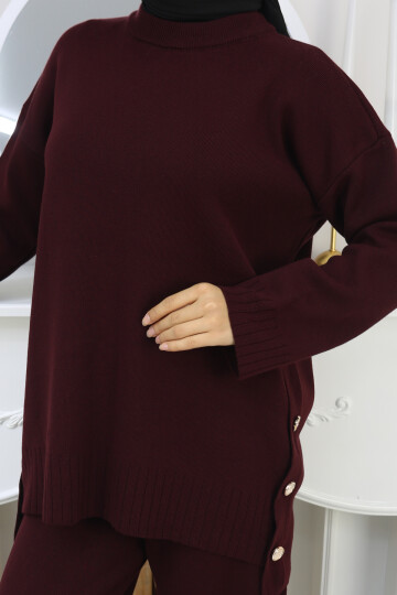 YANLARI DÜĞME DETAY TRİKO TAKIM -BORDO