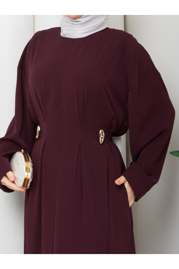 YANLARI GOLD DETAY ELBİSE - BORDO