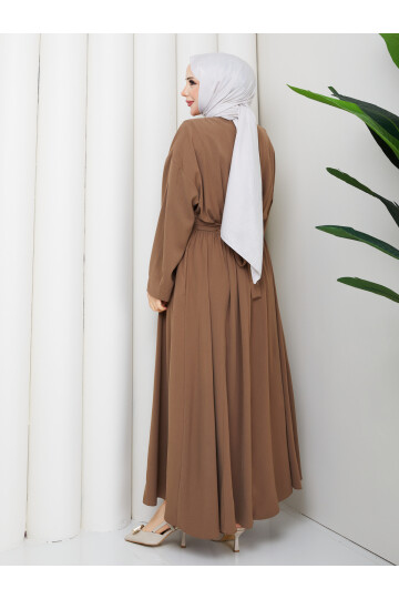 YANLARI GOLD DETAY ELBİSE - VİZON