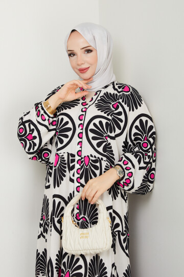 YARI DÜĞMELİ EBRU DESENLİ ELBİSE-BEYAZ