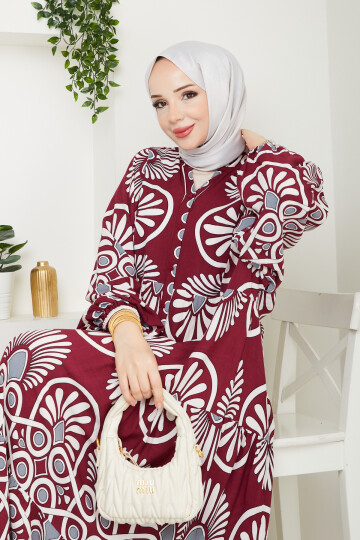 YARI DÜĞMELİ EBRU DESENLİ ELBİSE-BORDO