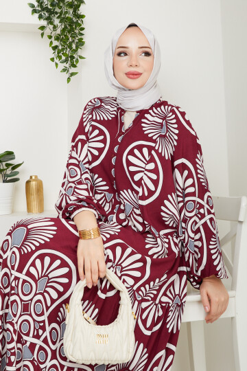 YARI DÜĞMELİ EBRU DESENLİ ELBİSE-BORDO