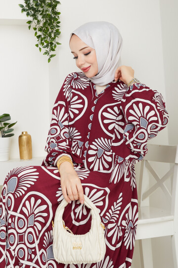YARI DÜĞMELİ EBRU DESENLİ ELBİSE-BORDO