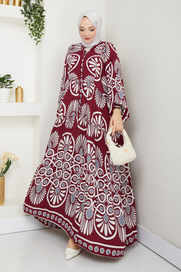 YARI DÜĞMELİ EBRU DESENLİ ELBİSE-BORDO