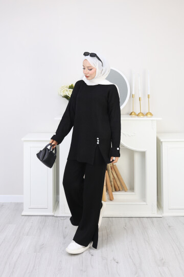 YIRTMAÇ DETAY TRİKO TAKIM-SİYAH