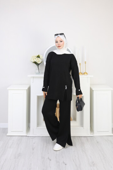 YIRTMAÇ DETAY TRİKO TAKIM-SİYAH